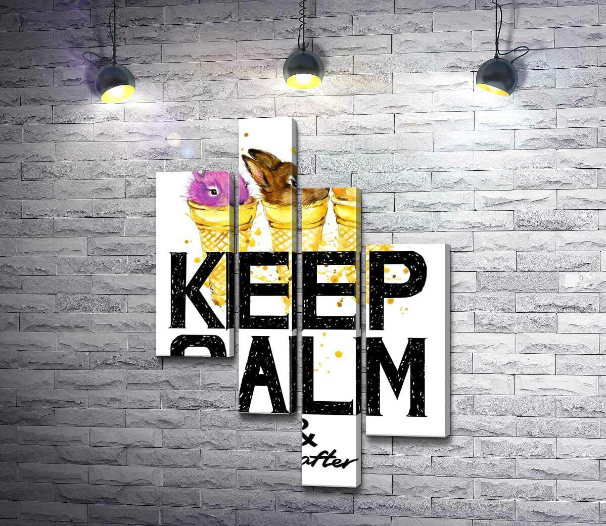 Модульная картина ArtPoster Цветные зайцы в рожках мороженого над надписью "keep calm and don't eat after 6 p.m." 130x191 см Модуль №20
Модульная картина ArtPoster Цветные зайцы в рожках мороженого над надписью "keep calm and don't eat after 6 p.m." 130x191 см Модуль №20