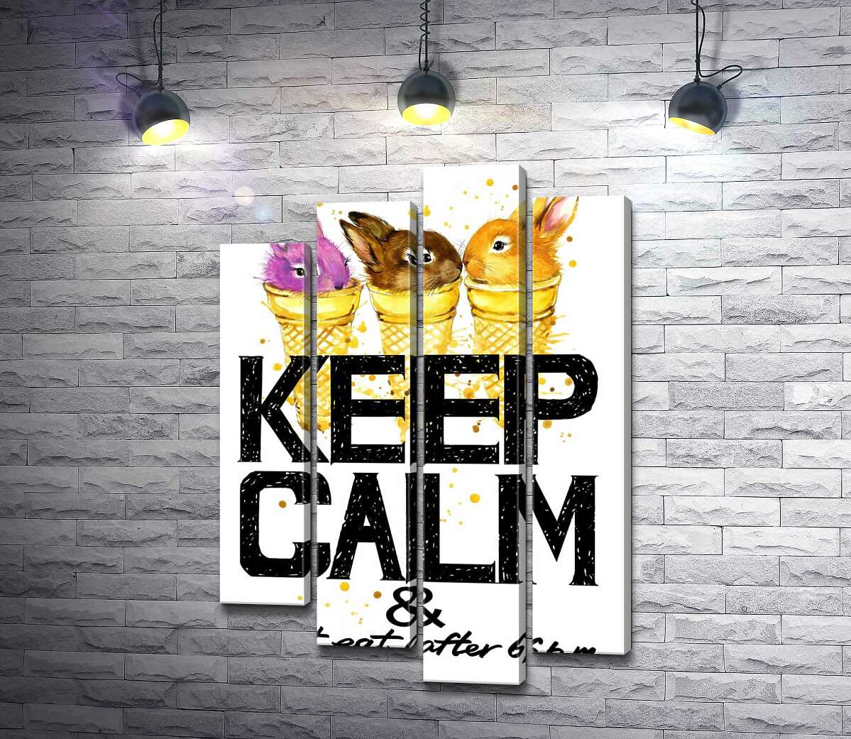 Модульная картина ArtPoster Цветные зайцы в рожках мороженого над надписью "keep calm and don't eat after 6 p.m." 100x147 см Модуль №21
Модульная картина ArtPoster Цветные зайцы в рожках мороженого над надписью "keep calm and don't eat after 6 p.m." 100x147 см Модуль №21