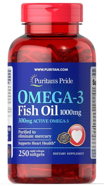 Омега-3 рыбий жир Omega-3 Fish Oil Puritan's Pride 1000 мг 300 мг активного 250 капсул (PP234)
Омега-3 рыбий жир Omega-3 Fish Oil Puritan's Pride 1000 мг 300 мг активного 250 капсул (PP234)