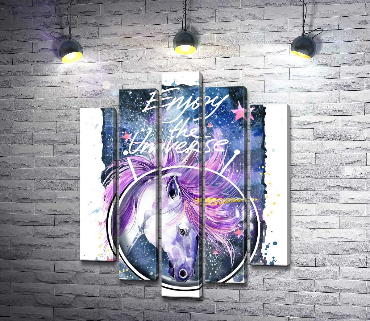 Модульная картина ArtPoster Белый единорог в шлеме среди космоса с надписью "Enjoy the Universe" 100x130 см Модуль №26
Модульная картина ArtPoster Белый единорог в шлеме среди космоса с надписью "Enjoy the Universe" 100x130 см Модуль №26