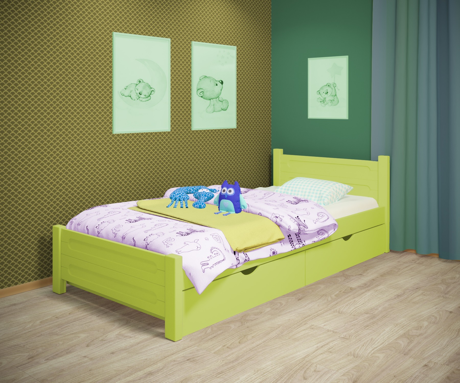 Кровать односпальная RainbowDream Йокка 70х140 см зеленый массив ольхи, с ящиками
Кровать односпальная RainbowDream Йокка 70х140 см зеленый массив ольхи, с ящиками