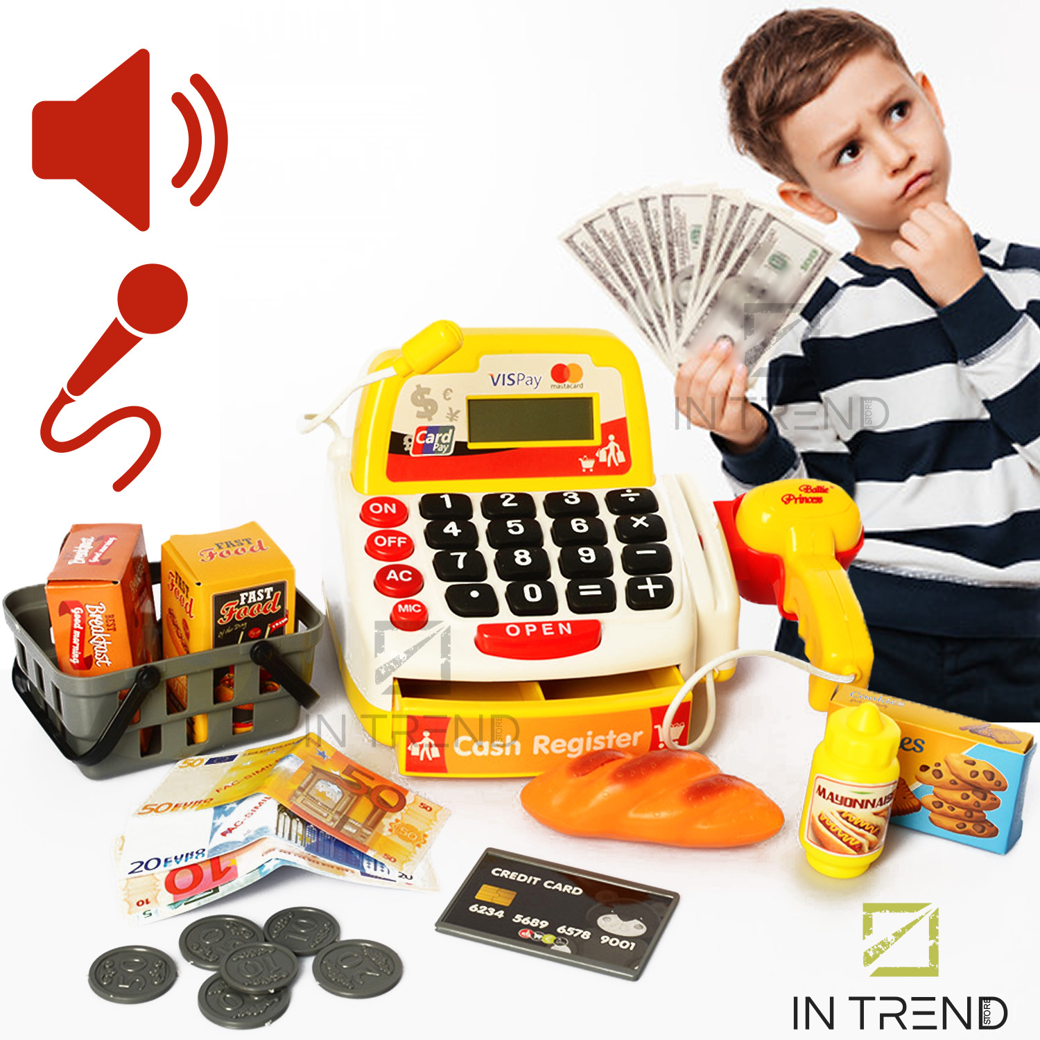 Кассовый аппарат - игрушечная касса Cash Register Set Детский Игровой набор кухни для детей со звуковыми световыми эффектами + микрофон + сканер + детские корзинка с продуктами -игрушечный магазин для девочек и мальчиков, White-yellow
Кассовый аппарат - игрушечная касса Cash Register Set Детский Игровой набор кухни для детей со звуковыми световыми эффектами + микрофон + сканер + детские корзинка с продуктами -игрушечный магазин для девочек и мальчиков, White-yellow