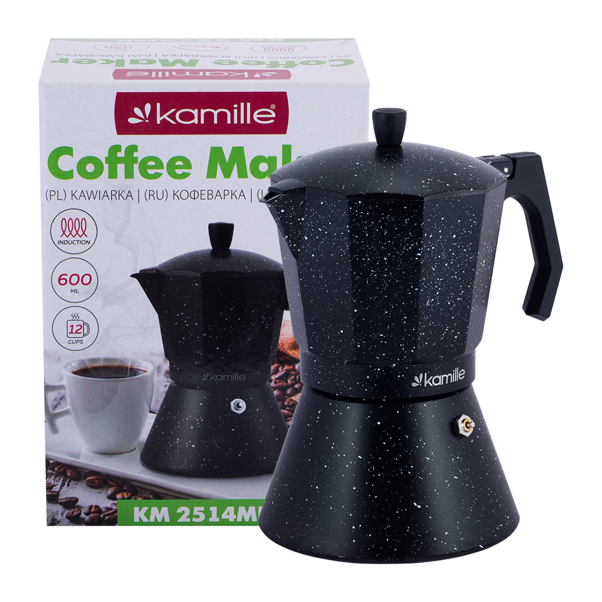 Кофеварка гейзерная Kamille Мрамор из алюминия с широким индукционным дном 600 мл KM-2514MR 
Кофеварка гейзерная Kamille Мрамор из алюминия с широким индукционным дном 600 мл KM-2514MR