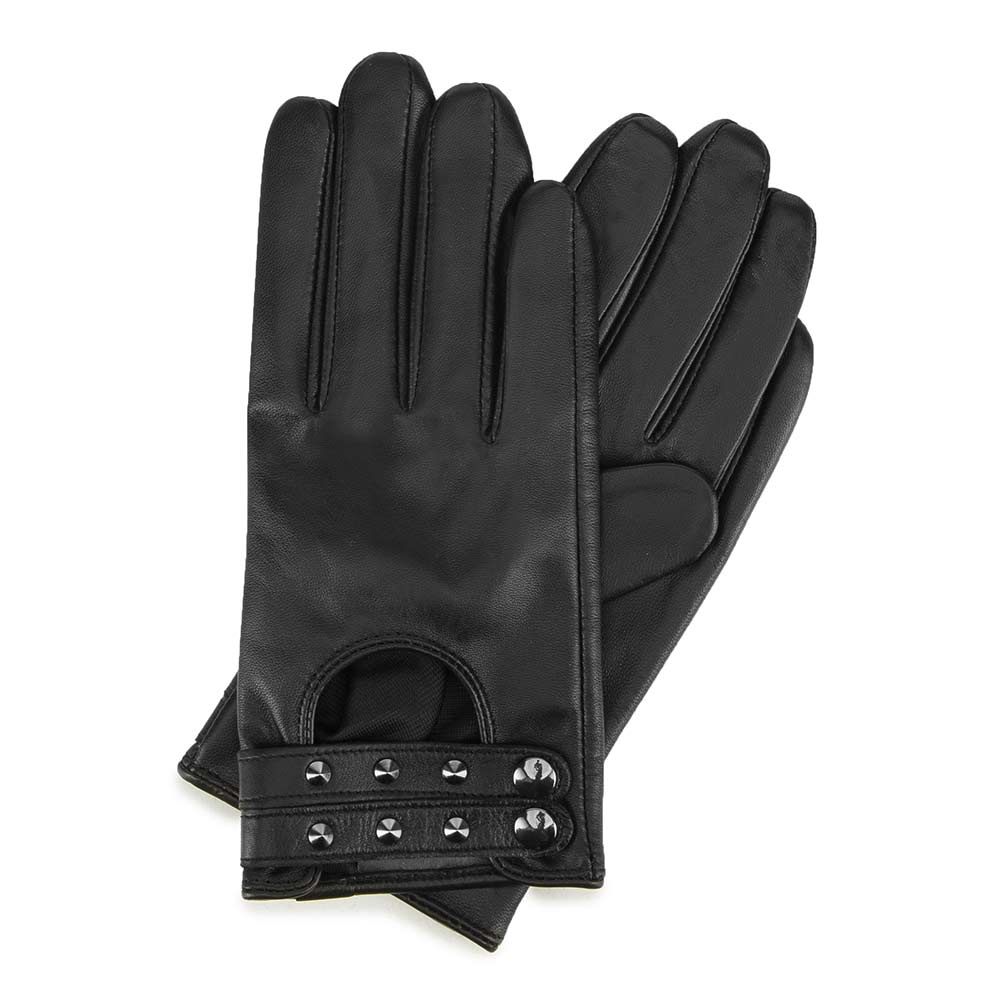 Женские кожаные перчатки с заклепками 46-6-307-1 черный, M 
Женские кожаные перчатки с заклепками 46-6-307-1 черный, M