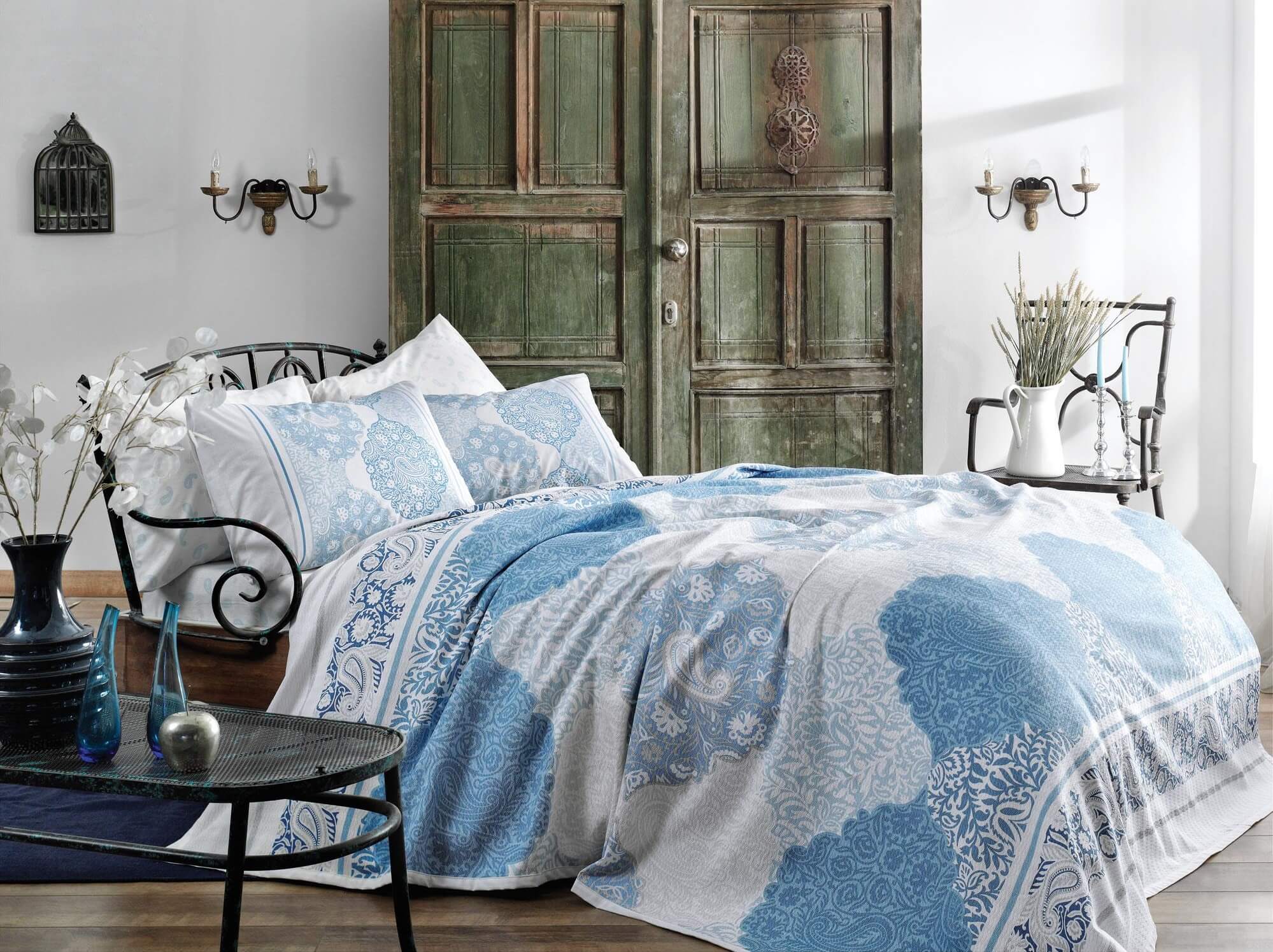 Летний набор с пике TAC Aryan Blue евро: простынь на резинке + пике + наволочки 
Летний набор с пике TAC Aryan Blue евро: простынь на резинке + пике + наволочки