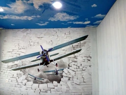 Фотошпалери паперові DecoArt 3D літаки в цегляній стіні 254 x 184 см 2 сегменти (10407-P4)
