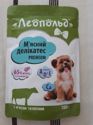 Упаковка влажного корма для собак Леопольд Мясные деликатесы с мясом телятины 24 шт по 100 г (4820185491495-24) фото от покупателей 12