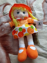 Мягкая кукла с вышитым лицом, 36 см, оранжевое платье (860906)