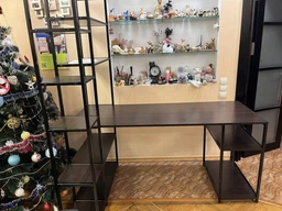 Стол компьютерный письменный с металлическим каркасом в стиле Лофт (Loft) DrevoGoods с полкой под системный блок усиленный, прямой, рабочий для дома и офиса 1600х1800х900мм; металл: Черный; дерево: Венге + стеллаж (778|56)