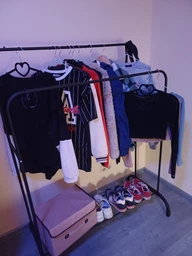 Вішалка підлогова Double FloorHanger для одягу, з полицями для взуття і з гачками, розкладна, чорна фото від покупців 19