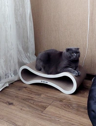 Кігтеточка лежанка з картону з дерев'яним фасадом Cat Joy Авангард Коричнева 59х18х25 см фото від покупців 17