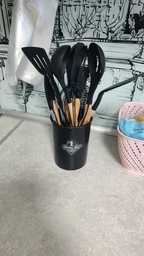 Силіконовий кухонний набір приладдя Kitchen Set 12 предметів (дерево+силікон) чорний фото від покупців 1