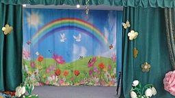 Весенние Фото Шторы в детский сад PHOTODECOR "Цветы с радугой, голубями и бабочками"