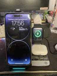 Складная беспроводная зарядка док станция на айфон apple iphone часы iwatch эпл вотч наушники airpods 3 в 1 23W QINETIQ B32 с подсветкой с адаптером