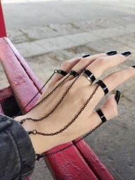 Набор колец с цепочкой на 5 пальцев в стиле панк черный Fashion Jewelry (AN)26381