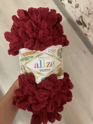 Упаковка Alize Puffy, Вишневий №107, 5шт - плюшева пряжа з петлями 100г/9м, для в'язання руками, пледи та іграшки, упаковка 5 мотків Алізе Пуффі