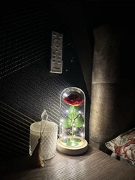 Вечная роза в колбе с led подсветкой одинарная 22см романтический светодиодный ночник светыльник цветок розы на деревянной подставке под стеклянным куполом на батарейках красная фото от покупателей 2