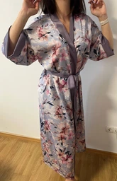 Женский халат кимоно длинный COSY Morning Bloom шелк-сатин L/XL цветы на лавандовом цвете MB2