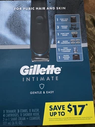 Чоловічий набір для догляду за волоссям інтимних зон Gillette Intimate (тример і бритва з трьома картриджами/підставкою та крем для гоління 177 мл)