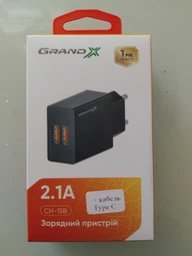Зарядное устройство Grand-X CH-15T 5 В 2.1 A USB с защитой от перегрузки + USB Type-C Black