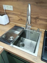 Мойка из нержавеющей стали AQUAMILL 6050 + смеситель с выдвижной лейкой + дозатор + коландер фото от покупателей 3