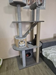 Стильная когтеточка с домиком игровой комплекс для кошек, котов всех пород 190х80х60см серо бежевая фото от покупателей 8