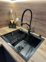 Мойка из нержавеющей стали AQUAMILL 6050 с PVD покрытием черная + смеситель + дозатор + решетка фото от покупателей 1