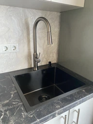Мийка з нержавіючої сталі AQUAMILL 5050 з PVD покриттям чорна + змішувач з висувною лійкою + дозатор + решітка фото від покупців 9
