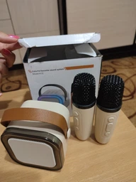 Портативна Bluetooth колонка бездротова з караоке ДВА мікрофони з різнокольоровим підсвічуванням, Рожева фото від покупців 7