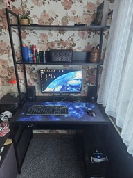 Стіл комп'ютерний письмовий з металевим каркасом в стилі Лофт (Loft) DrevoGoods посилений, прямий, робочий для дому та офісу 1000х750х600мм; метал: Чорний; дерево: Антрацит + стелаж з полицями (704|49)