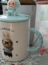 Чашка порцелянова з кришкою і ложкою Labubu 400 (мл) подарункова кружка прикольна чашка для дітей на подарунок Блакитний FM-35B