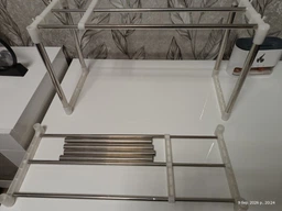 Двухярусная полка для микроволновки настольный органайзер на кухню ванную прихожую стеллаж стойка для кухни книг обуви с регулируемой длиной 47-85 см универсальная напольная телескопическая раздвижная двух ярусная этажерка на стол с крючками в офис шкаф фото от покупателей 2