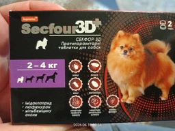 Таблетки від бліх, кліщів та глистів для собак вагою 2-4 кг Secfour 3D 2 таб/уп