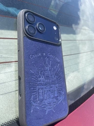 Чехол из премиальной Алькантары для iPhone 17 Pro Max Спаси и Сохрани 2 синий with MagSafe