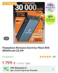 Повербанк 20000 mAh 22.5W Remzona Extrinity Metal 20X зі швидкою зарядкою PD Quick Charge 3.0 Fast Charge УМБ для телефона айфона роутера планшета LED дисплей портативний + кабель USB-А USB-C