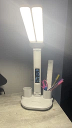 Світлодіодна настільна лампа трансформер на акумуляторі з дисплеєм 12в1 Tech Lamp - багатофункціональна з подвійним джерелом світла, календарем, термометром та тримачем для ручок, біла фото від покупців 1