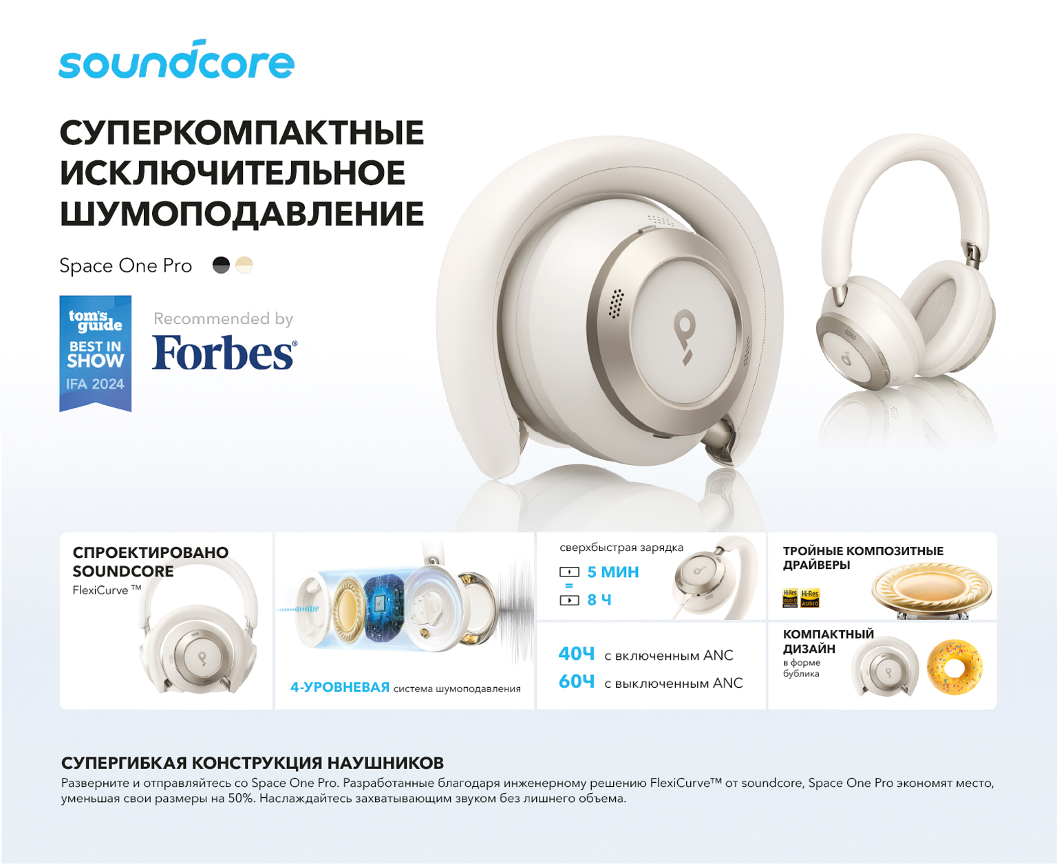 【新品未開封】Soundcore Space One Pro ホワイト Наушники Anker SoundCore Space One Pro White (A3062G21) купить в