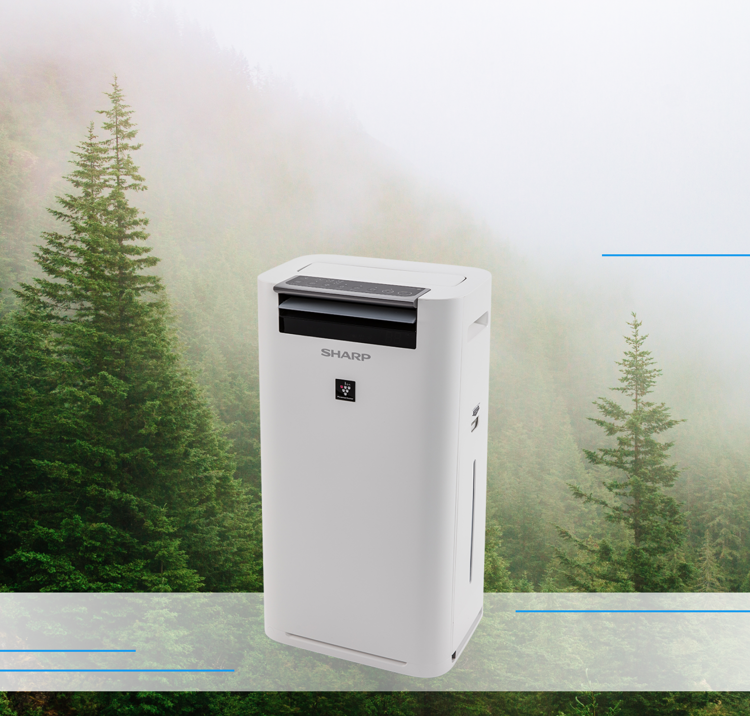 Очисник та зволожувач повітря Sharp KC-G40EUW на тлі густого лісу з високими зеленими хвойними деревами. Фон має легкий туман, що додає відчуття свіжості і чистоти.