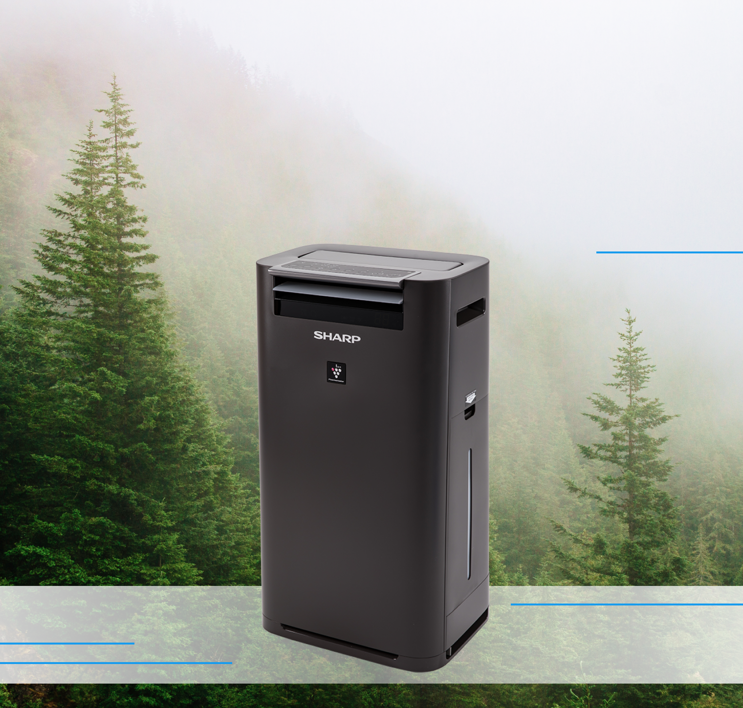 Очисник та зволожувач повітря Sharp KC-G40EUH на тлі густого лісу з високими зеленими хвойними деревами. Фон має легкий туман, що додає відчуття свіжості і чистоти.