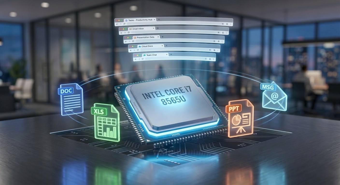 Процессор Intel Core i7 и иконки офисных приложений — визуализация производительности HP EliteBook 840 G6