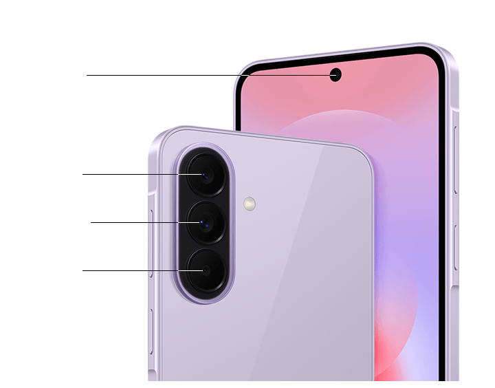 Крупний план системи потрійної камери на задній панелі Galaxy A37 5G кольору лавандовий і крупний план фронтальної камери. Galaxy A37 5G оснащений ширококутною камерою 50 МП, ультраширококутною камерою 8 МП і макрокамерою 5 МП на задній панелі, а також фронтальною камерою 12 МП.