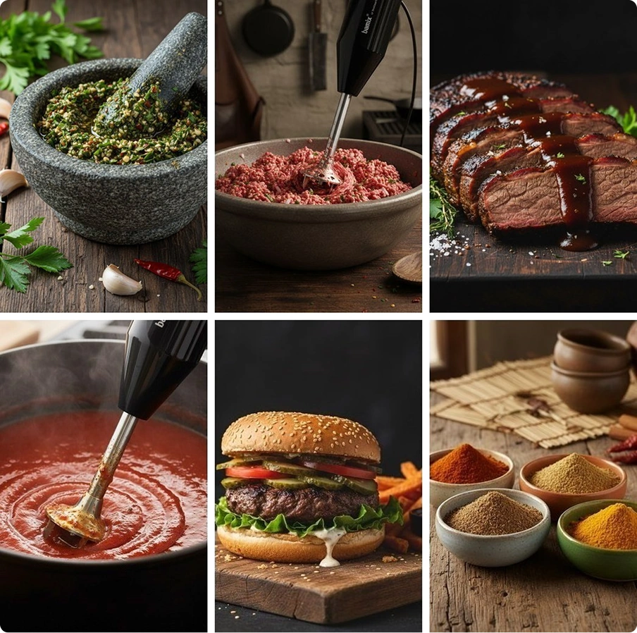 Страви, приготовані блендером Bamix BBQ: песто, маринади, глазуровані реберця, соус BBQ, бургер та суміші спецій