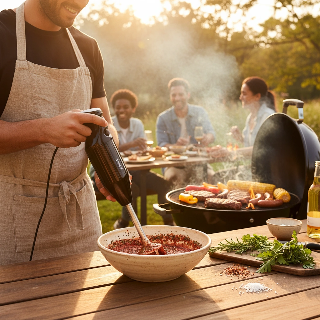 Чорний занурювальний блендер Bamix BBQ M200 у руках кухаря на гриль-вечірці просто неба