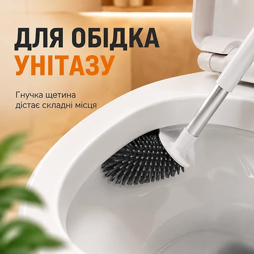 Гнучка силіконова головка йоржика легко чистить під обідком унітазу