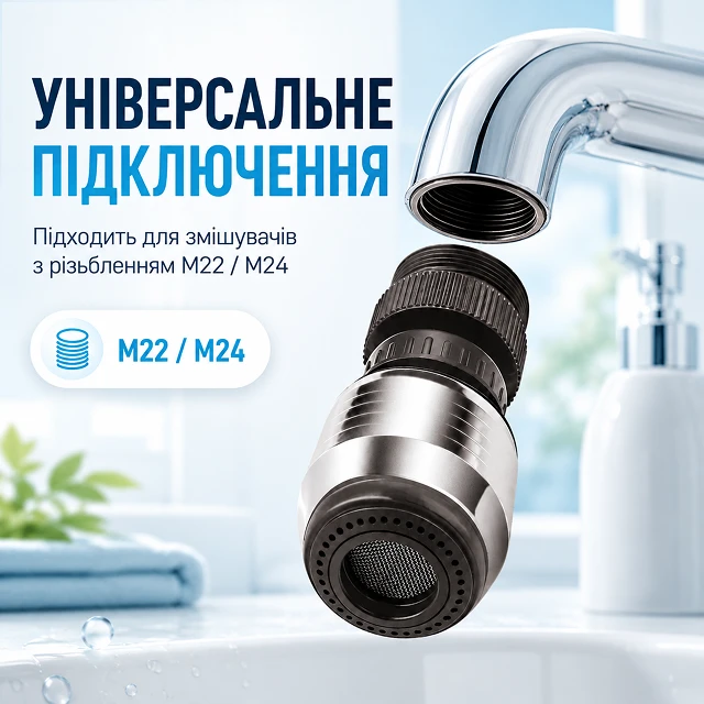 Универсальное подключение насадки к смесителям с резьбой M22 и M24