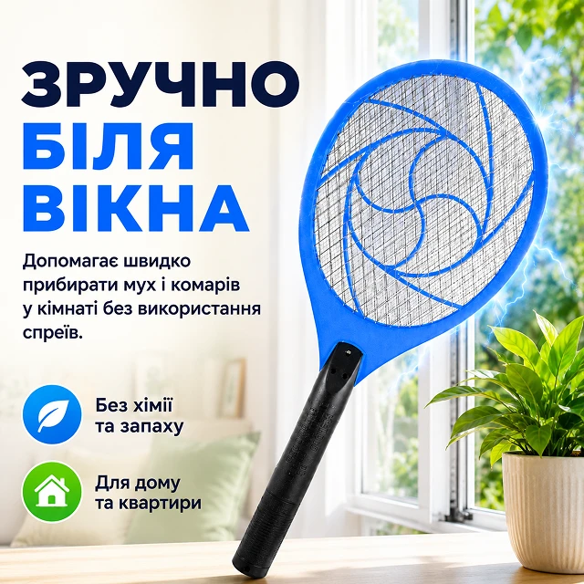 Зручне використання синьої мухобійки-ракетки біля вікна