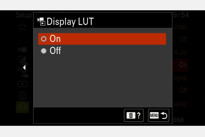 Зображення екрана вибору Display LUT (Показати таблиці значень)