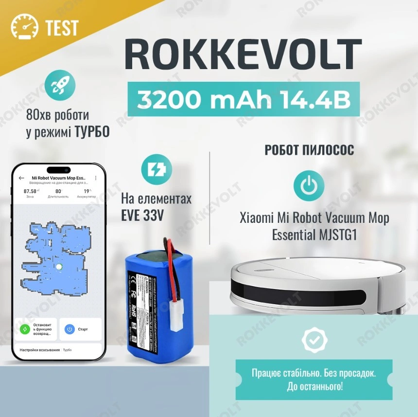 Покращений літій-іонний акумулятор RokkeVOLT для роботів-пилососів Xiaomi, Tefal та Rowenta