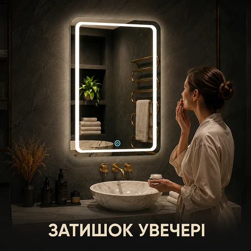 Затишна вечірня атмосфера у ванній завдяки підсвітці дзеркала