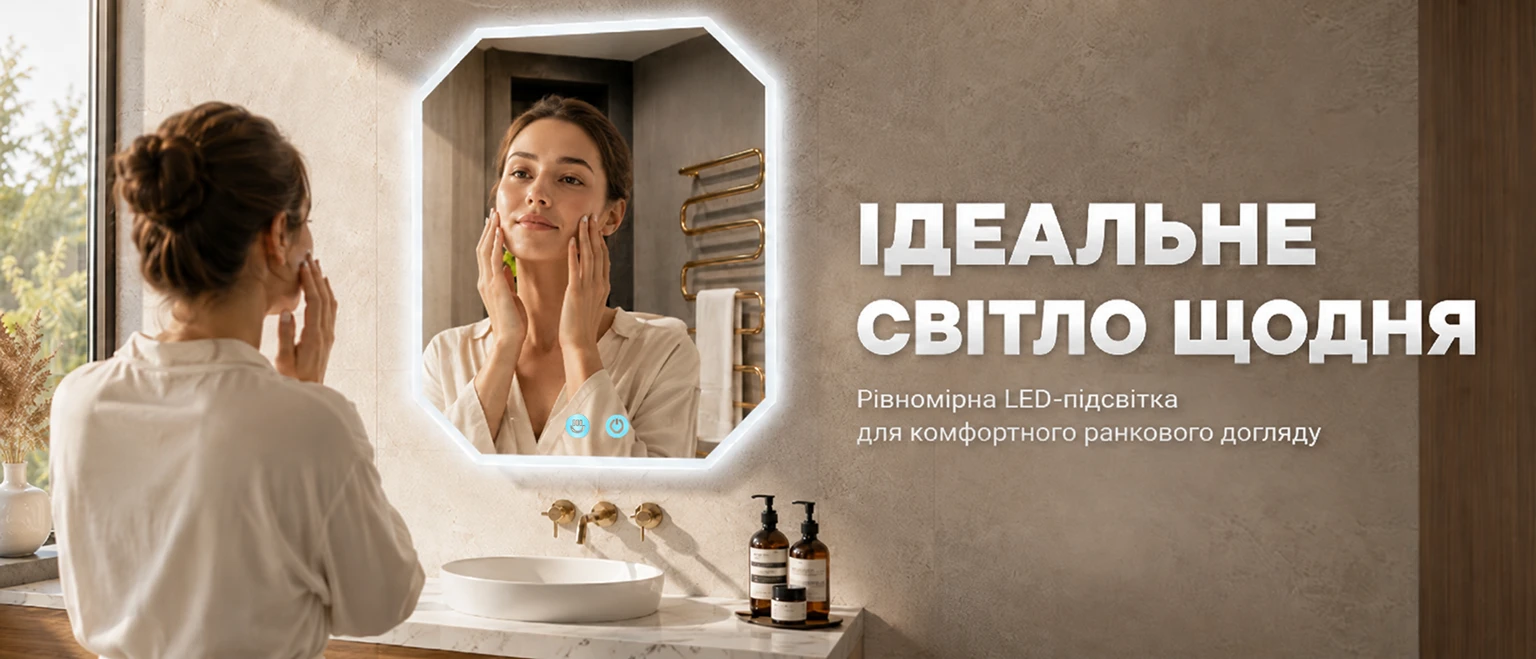 Большое настенное зеркало BRS с LED-подсветкой в современной ванной комнате